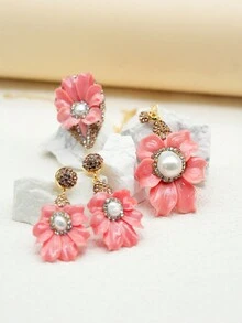 貝殼粉壓花鑲嵌巴洛克珍珠精緻三件式中世紀飾品原創設計花朵套裝 - 淺粉色 - 查看 2