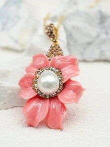 貝殼粉壓花鑲嵌巴洛克珍珠精緻三件式中世紀飾品原創設計花朵套裝 - 淺粉色 - 查看 4