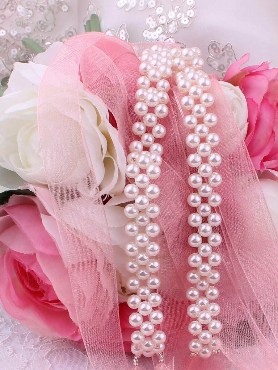 1條新娘珍珠花卉腰帶,婚紗伴娘腰帶,婚禮配飾 - 粉色 - 查看 1