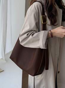 新款休闲风格圆筒包复古单肩斜挎包大容量托特包，简约风格女包，商务休闲女包，非常适合办公室商务和工作，复古风格复古女包 - 咖啡棕 - 查看 4