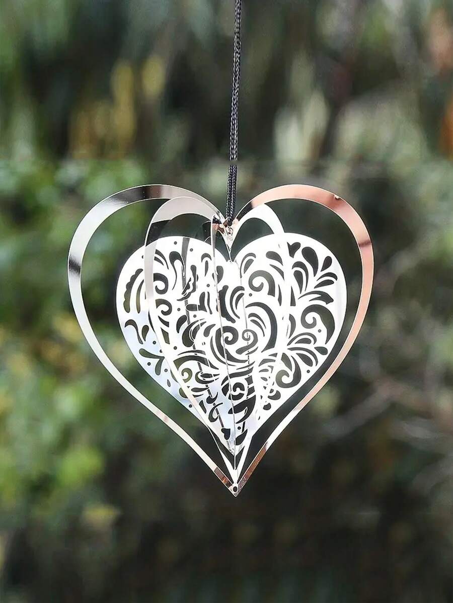 3D敲擊心臟旋轉風車，美學裝飾品，旋轉反光金屬風鈴：完美的花園庭院裝飾和紀念禮物！（不帶繩子） - 銀色 - 查看 1