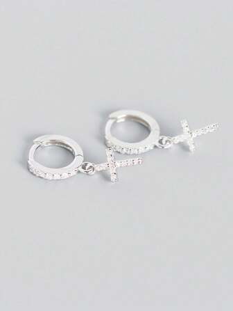 1對女士s925純銀十字架和立體方形氧化鋯垂墜耳環