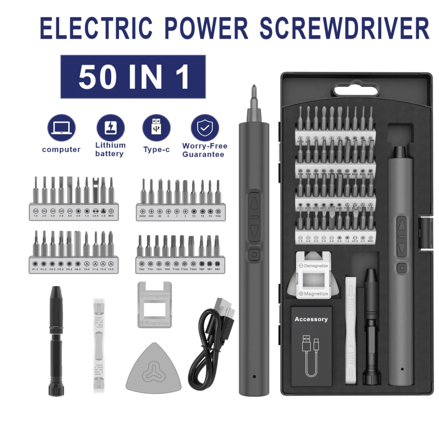 Professional Electric Screwdriver Set, DIY Hardware Tools For Mobile Phone Laptop Mini Precision Electric Screwdriver Rechargeable Screwdriver Set With LED Light - Black - View 1