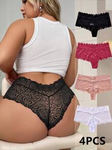 4 Bộ Đồ Lót Nữ Thanh Lịch Plus Size, Quần Lót Ren Hoa Màu Trơn Co Giãn Cao - Nhiều màu - Xem 1