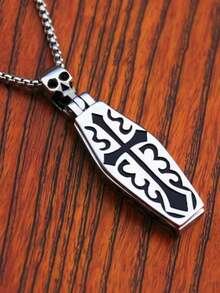 Cross Coffin Design Vampire Skull Pendant Necklace, Gothic Punk Style, Vintage Halloween Party Jewelry, Couples Birthday Accessories - Silver - View 5