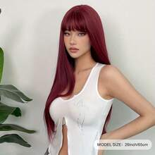 酒紅色26英寸長直合成假髮帶劉海,適用於女性的日常派對和角色扮演 - 彩色 - 查看 8