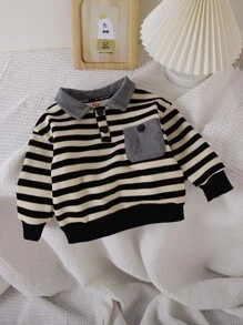 男婴条纹羊毛马球领运动衫 - 黑色 - 查看 1