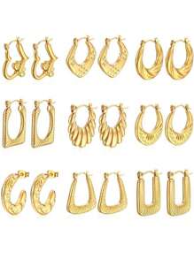 1對女士不鏽鋼時尚極簡耳環,具有油壓紋理,適合日常穿戴 - 銀色 - 查看 1