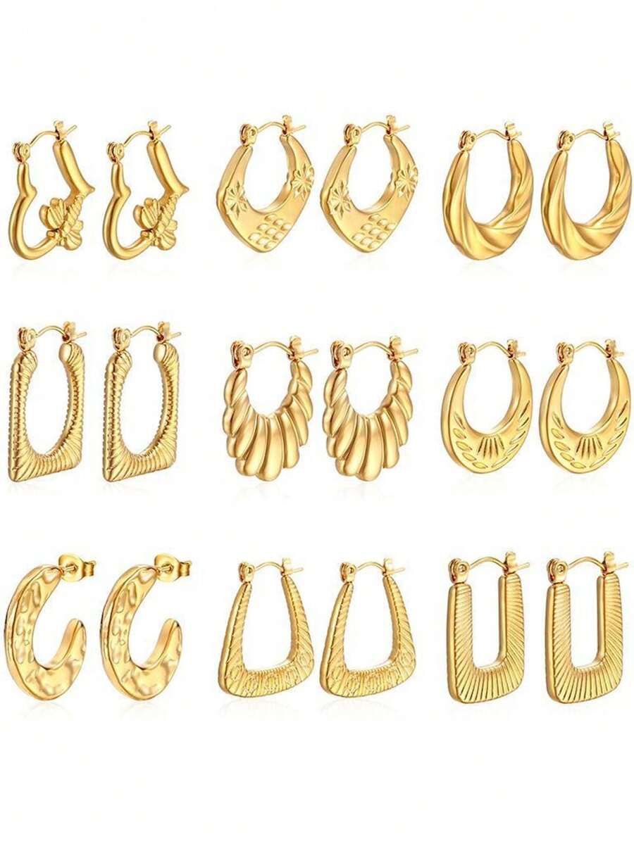 1對女士不鏽鋼時尚極簡耳環,具有油壓紋理,適合日常穿戴 - 銀色 - 查看 1