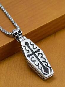 Cross Coffin Design Vampire Skull Pendant Necklace, Gothic Punk Style, Vintage Halloween Party Jewelry, Couples Birthday Accessories - Silver - View 7