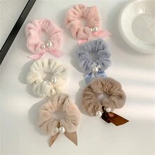 1入秋冬款珍珠毛絨髮圈，棕色毛絨法式彈性髮圈，優雅可愛的髮髻，仿兔毛髮圈適用於所有人 - 棕色 - 查看 2