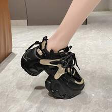 2024新款舒適綁帶休閒女鞋,具厚底平台楔形鞋底設計 - 黑色 - 查看 4