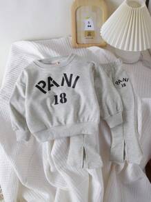 Baby Girls' Letter Printed Sweatshirt With Split Hem Flare Pants Set - Light Grey - View 1