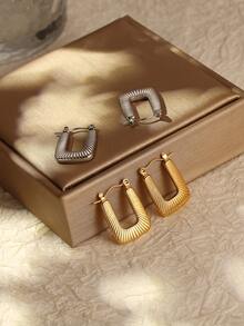 1對女士不鏽鋼時尚極簡耳環,具有油壓紋理,適合日常穿戴 - 銀色 - 查看 12