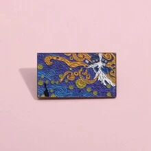 幾何卡通天才畫家在星夜中,爆炸的時光機胸針 - 彩色 - 查看 1