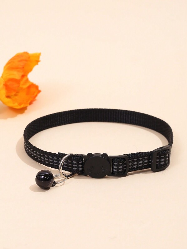 1 Pieza Collar De Mascota Reflectante De Nylon Negro Con Hebilla De Liberación Segura Y Campana Brillante En La Oscuridad Para Evitar Pérdidas Y Asfixia, Para Gatos