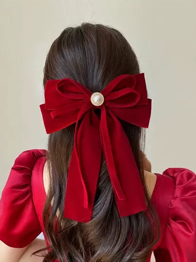 1 pieza Lazo grande con cintas para el cabello de mujer, Clip rojo de primavera, Adecuado para festivales y uso diario, Lindo San Valentín, Cosas de la escuela, Elegante, Universidad, Lazos, Atuendo navideño para mujer, Accesorios para el cabello, Glamour de Año Nuevo