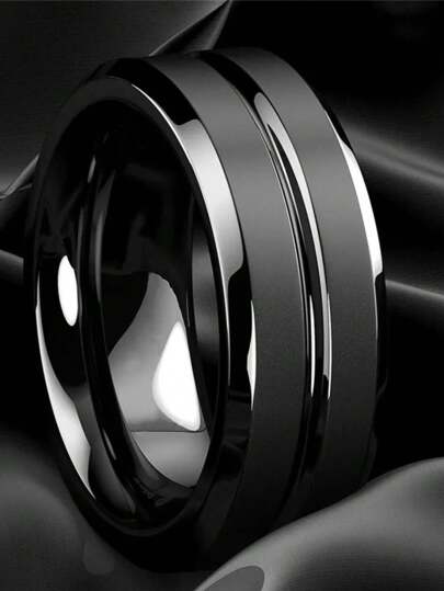 حلقة فولاذية سوداء عصرية قطرها 8 ملم للرجال والنساء، حافة ذات أخدود أسود مصقول مسطح، حلقة خطوبة مسندة أنيقة للاحتفال بالأعراس والذكرى السنوية