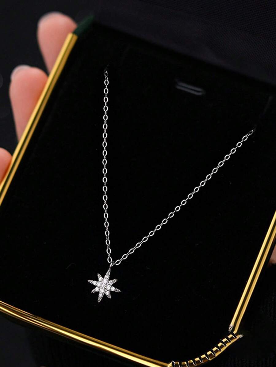 1入時尚個性化925純銀八角星吊墜項鍊,適合女性日常和節日穿著,選擇禮物之一 - 銀色 - 查看 1