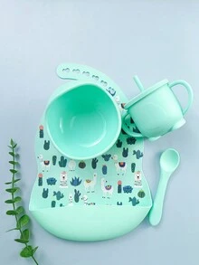 4 件套婴儿/幼儿/儿童男孩和女孩可爱卡通印花硅胶材质喂食套装，可微波炉/冰箱加热，耐用碗、勺子、围兜、训练杯，非常适合日常使用、旅行、新生儿礼物、儿童节礼物 - 薄荷綠 - 查看 5
