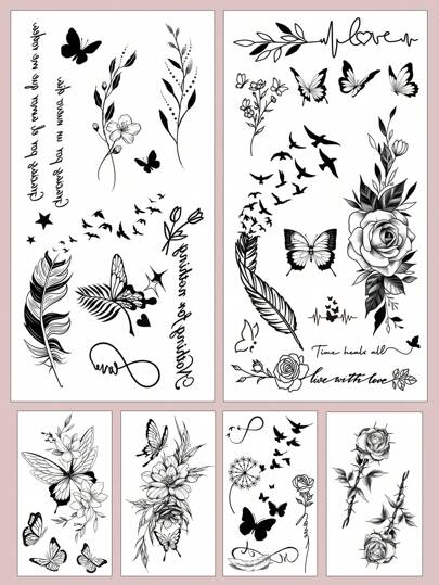 6 Stücke Schwarze Temporäre Tätowierungen Inklusive Federn, Schmetterlinge, Blumen, Buchstaben Designs Für Beine, Knöchel, Schlüsselbeine, Hals