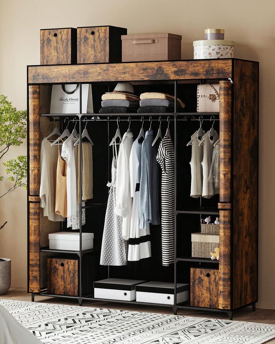 HaluPeit Wardrobe, Fabric Closet For Bedroom, 3 Clothes Rails With Nonwoven Cover, Clothes Storage Organization, 9 Compartments - 鏽棕色 - 查看 1