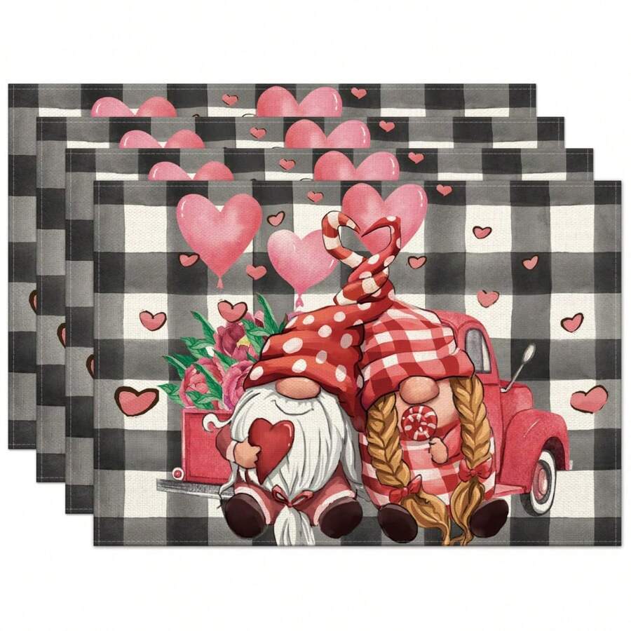 1入粉紅色心形氣球侏儒圖案情人節餐墊,季節性12x18英寸亞麻桌墊,適用於派對廚房餐廳空氣感節日裝飾 - 黑白格 - 查看 1