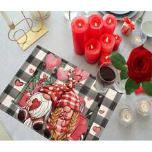 1入粉紅色心形氣球侏儒圖案情人節餐墊,季節性12x18英寸亞麻桌墊,適用於派對廚房餐廳空氣感節日裝飾 - 黑白格 - 查看 2