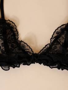 Women's Black French Style Wireless Triangle Cup Lace Bralette For Small Bust - Black - View 6