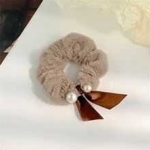 1入秋冬款珍珠毛絨髮圈，棕色毛絨法式彈性髮圈，優雅可愛的髮髻，仿兔毛髮圈適用於所有人 - 棕色 - 查看 6