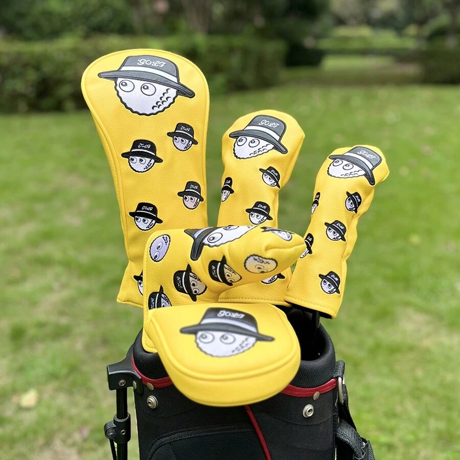 1入豪華刺繡pu皮革高爾夫球桿套 - 防水耐磨 - 適用於1號木桿、球道木桿和綜合桿 - 黃色 - 查看 1