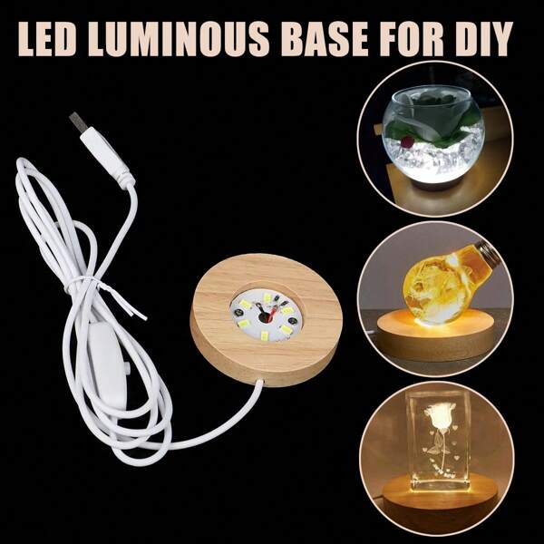 1 Pieza Base De Luz Led Redonda De Madera Con Interfaz Usb, Base De Luz De Bola De Cristal Creativa, Decoración De Lámpara Diy