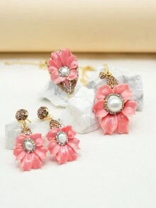 貝殼粉壓花鑲嵌巴洛克珍珠精緻三件式中世紀飾品原創設計花朵套裝 - 淺粉色 - 查看 3