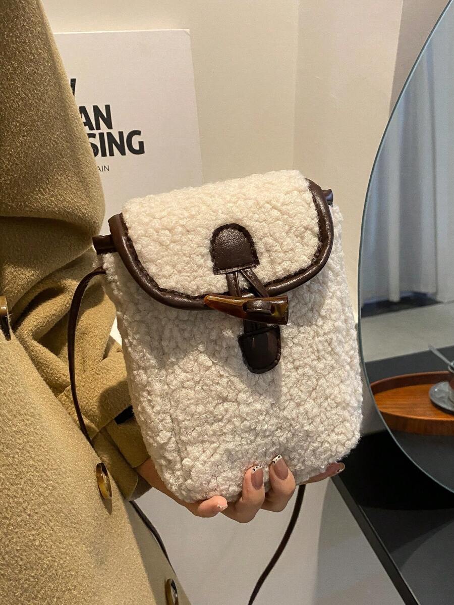 1只羊毛手機包,帶扣式閉合,新品上市。休閒時尚肩/斜跨包,具有色塊設計。適合女士在秋冬季節日常使用。 - 米色 - 查看 1