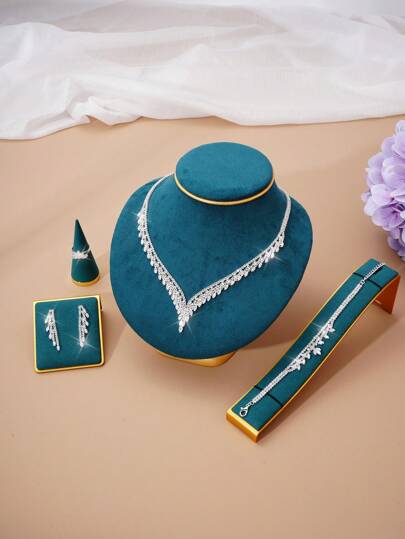 Set Di Gioielli 5pcs/stile Europeo/americano Comprensivo Di Collane, Orecchini, Anelli E Braccialetti Incastonati Con Zirconia, Adatto Per Matrimoni, Compleanni, Vacanze O Feste Da Indossare Per Donne