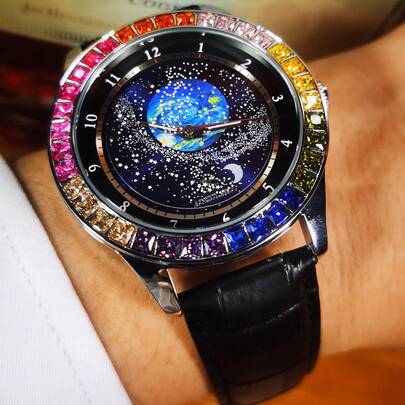 AOKULASIC 1pc Men's Fashion Romantic Rotating Starry Dial Luminous Mechanical Watch, Luxury Rainbow Crystal Decorated Case, Top Brand Black Leather Strap, Business Casual Personalized Wristwatch, Anniversary Birthday Holiday Gift