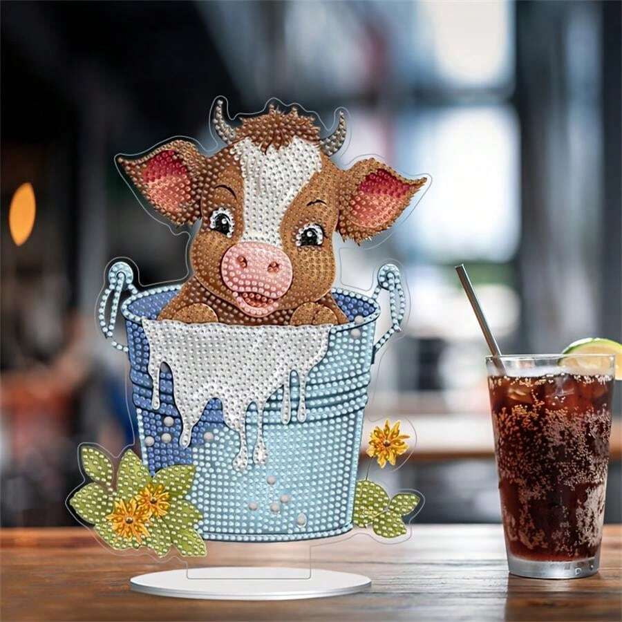 Diy 鑽石畫桌面裝飾水桶形可愛動物牛圖案馬賽克藝術和工藝品家居裝飾聖誕禮物 - 彩色 - 查看 1