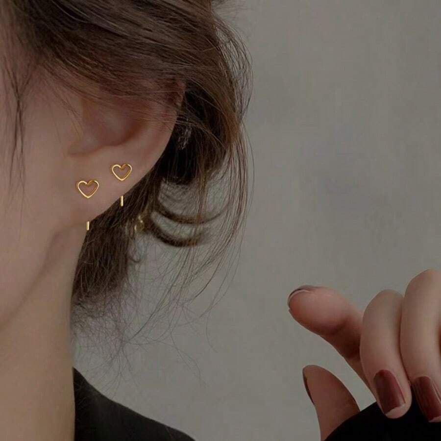 2023 年新款女用愛心耳環,防過敏,簡約設計 - 金色 - 查看 1