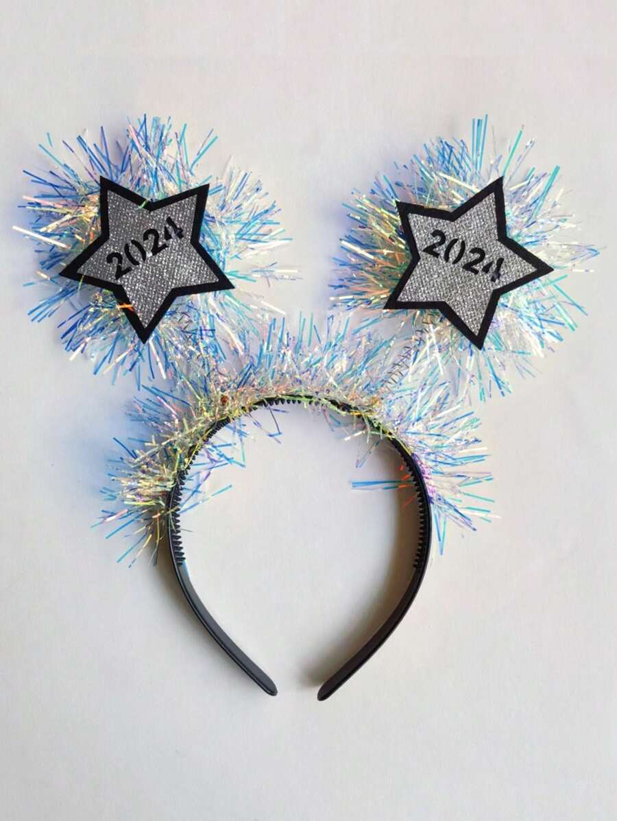 1件2024年新年髮箍,採用雨絲花和星形設計,金色,適用於派對裝飾 - 銀色 - 查看 1