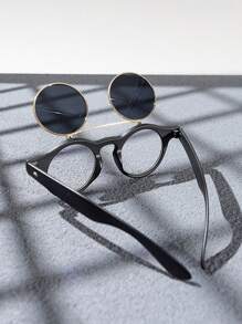 1 Paar Herren schwarze Plastik-Flip-Rund Design Vintage Klassisch Kombinierbar Mode Brillen geeignet für täglichen Gebrauch Strandzubehör Sonnenbrillen für Sommerurlaub, Outdoor, Reisen