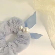 1入秋冬款珍珠毛絨髮圈，棕色毛絨法式彈性髮圈，優雅可愛的髮髻，仿兔毛髮圈適用於所有人 - 棕色 - 查看 3