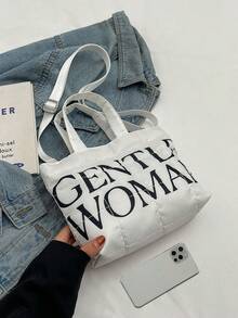 White Nylon Simple Style Tote Bag With Alphabet Embroidered, Large Capacity, Foldable, Can Be Carried By Hand Or Crossbody, Suitable For Daily Commute, Shopping, Travel, Holiday, Party, Makeup Organizing, Gift For Girlfriend, Birthday, And Fashionable, Perfect For Partygoers - White - View 7