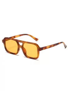 一副女士复古方形双梁飞行员时尚眼镜，70年代时尚時尚眼鏡，适合日常佩戴，沙滩配饰，女士眼镜時尚眼鏡基础款，秋冬季女士服装，商务休闲，礼物，豹纹，适合夏季沙滩度假、户外、旅行 - 彩色 - 查看 3