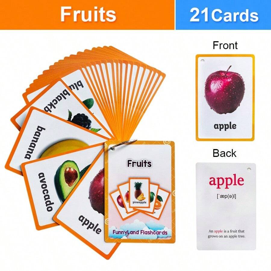 21PCS/Set Fruit Kids Gifts English Flash Cards Pocket Card Educational Learning Baby Toys For Children Pre-Kindergarten Flash Cards - Apricot - View 1