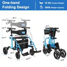WALK MATE 2 In 1 Rollator Walker Transport Chair For Seniors, 10" Wheels Medical Rollator For Seniors With Widen Seat Backrest, Detachable & Adjustable Footrests Folding Walker Wheelchair Combo - Blue - View 6