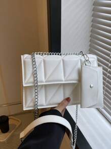 时尚纯色潮流几何纹理链条装饰优雅女士两件套单肩包 - 白色 - 查看 8