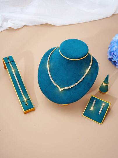 5入組歐美風格v形鋯石裝飾珠寶套裝,適用於婚禮、生日、節日、日常派對