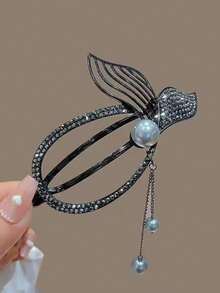 1入珍珠與流蘇與鑽石裝飾髮夾,韓式頭飾,適用於女性魚尾辮髮型 - 黑色 - 查看 1