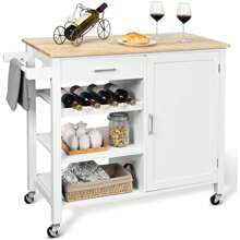 Kitchen Trolley With Worktop, Mobile Wooden Kitchen Island With Drawers, Towel Rack, Wine Bottle Rack, Storage Cabinet, Serving Trolley On Wheels For Kitchen, Dining Room - White - View 1