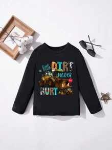 幼童男童休閒推土機字母印花長袖T恤 - 黑色 - 查看 1